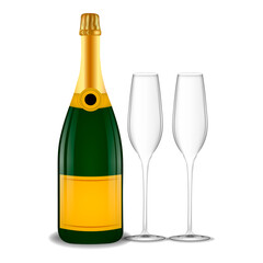 Green champagne bottle with gold foil on an isolated white background.
Champagne glasses.Illustration for web, poster, invitation to party. Stock vector illustration.