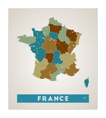 France map. Country poster with regions. Old grunge texture. Shape of France with country name. Powerful vector illustration.