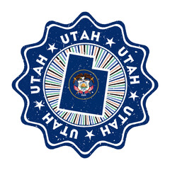 Utah round grunge stamp with us state map and state flag. Vintage badge with circular text and stars, vector illustration.