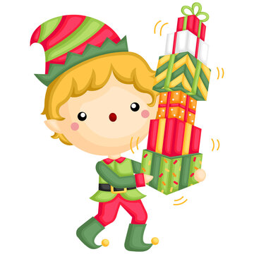 A Vector of Cute Boy in Elf Costume Holding Wobbly Gift Boxes 