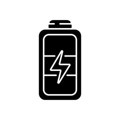 Full battery black glyph icon. Getting max capacity for full day. Maximum power for device. One hundred percetage level. Silhouette symbol on white space. Vector isolated illustration