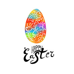 Happy Easter text. Multi-colored postcard. Mixed media. Vector illustration