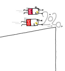 Cartoon 2021 couple of Super Heroes Pushing down the Cliff an old 2020