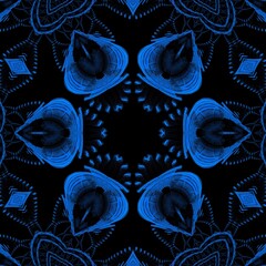 shades of bright neon blue and indigo colored symmetric intricate abstract patterns shapes and hexagonal design on black background