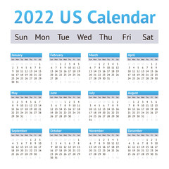 2022 US American English Calendar. Weeks start on Sunday