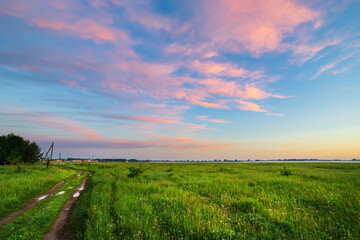 Green grass on the background of a beautiful sunset sky with clouds.
