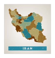 Iran map. Country poster with regions. Old grunge texture. Shape of Iran with country name. Modern vector illustration.