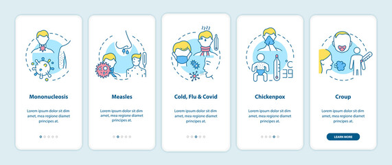 Viral sore throat causes onboarding mobile app page screen with concepts. Mononucleosis, measles, chickenpox walkthrough 5 steps graphic instructions. UI vector template with RGB color illustrations