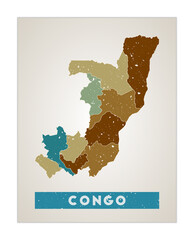 Congo map. Country poster with regions. Old grunge texture. Shape of Congo with country name. Stylish vector illustration.