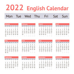 2022 European English Calendar. Weeks start on Monday