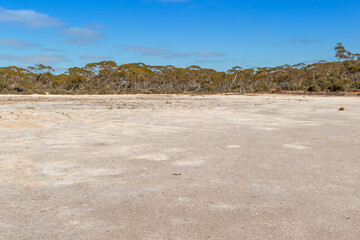 Fototapeta na wymiar On the shores of a dry salt Lake close to the Dundas Rock on the Coolgarlie-Esperance-Highway in Western Australia