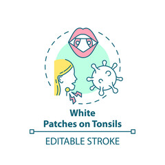 White patches on tonsils concept icon. Tonsillitis sign idea thin line illustration. Painful swallowing. Sore throat symptom. Vector isolated outline RGB color drawing. Editable stroke