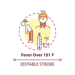 Fever over 101 F concept icon. Sore throat complication idea thin line illustration. Dangerous body temperatures. Illness sign. Medical care. Vector isolated outline RGB color drawing. Editable stroke