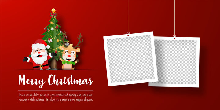 Christmas postcard banner of Santa Claus and reindeer with photo frame