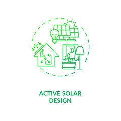 Active solar design green concept icon. Renewable sustainable energy source. Electricity for smart house. Biophilia idea thin line illustration. Vector isolated outline RGB color drawing