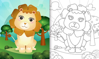 Fototapeta premium coloring book for kids with a cute lion character illustration