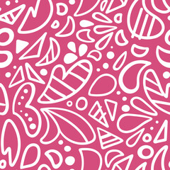 Doodle seamless pattern for wallpaper, textile fabric, wrapping paper. Abstract vector ornament with circular elements and triangles. White outline on pink background.