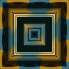 yellow and bright blue linear horizontal stripes on a jet black background transformed to abstract patterns and intricate square format symmetric designs