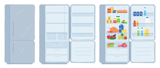 Open refrigerator. Closed, empty and full of food fridge. Cool shelves with meat, dairy, drinks and cans. Cartoon kitchen freezer vector set. Illustration refrigerator equipment inside storage