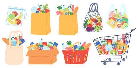 Grocery bags and carts. Shopping basket, paper and plastic packages, eco bag with organic food. Supermarket goods and groceries vector set. Illustration basket bag and cart with food © Tartila