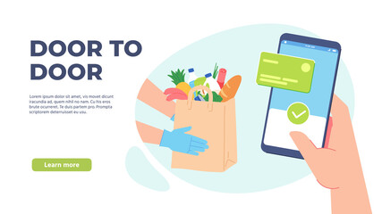 Grocery delivery. Online order from supermarket. Courier hand in gloves holds paper bag with food. Quarantine safe delivering vector concept. Illustration supermarket delivery service, grocery online