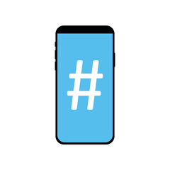 Obraz premium Modern phone, smartphone with hashtag on display. Social media vector illustration, icon. 