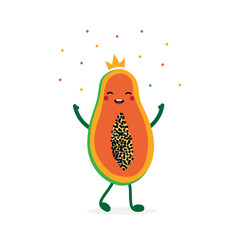 Cute cartoon style smiling and celebrating papaya character wearing golden crown and throwing confetti in the air.
