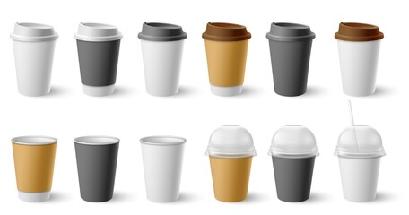 Paper cup. Cardboard cups with cap and mugs for hot coffee and tea. Realistic black, white, brown cafe drinks eco packages mockup vector set. Container drink for cafe, coffee or tea hot illustration