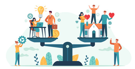 Home and work on scales. Woman and man balancing family and career. Business people compare love, children, job. Balance life vector concept. Illustration comparison finance compare family