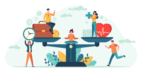 Health and work on scales. People balance job, money and sleep. Comparison business stress and healthy life. Tiny employees vector concept. Measurement equality health and work illustration - obrazy, fototapety, plakaty