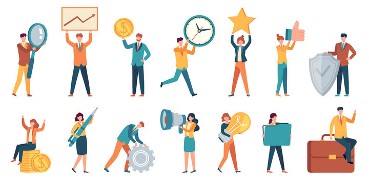 Tiny Business People. Employee Women And Men With Big Money, Light Bulb, Star, Gear And Magnifier. Office Small Work Characters Vector Set. Illustration People Success With Money And Star