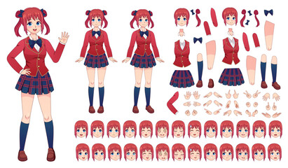 Anime girls character kit. Cartoon school girl uniform in japanese style. Kawaii manga student poses, faces, emotions and hands vector set. Illustration japanese character girl smile, kit set anime