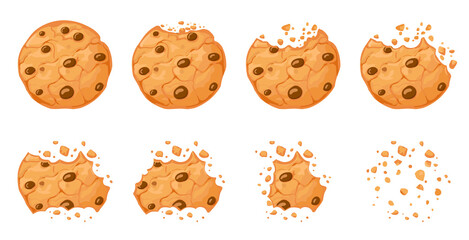 Bitten chocolate chip cookie. Crunch homemade brown biscuits broken with crumbs. Cartoon baked round choco cookies bite animation vector set. Illustration animation disappear choco crumb piece bakery - obrazy, fototapety, plakaty
