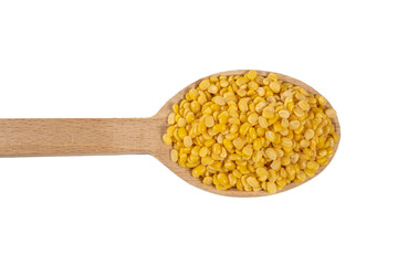 Mung dal or Mung daal bean on wooden spoon. nutrition. bio. natural food ingredient.