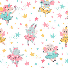 Ballerina animal seamless pattern. Hand drawn baby bunny, unicorn, mouse in ballet tutu. Girls birthday, baby shower, t-shirt vector print. Illustration pattern drawn ballerina bunny baby or mouse © Tartila