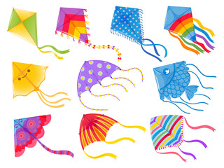 Cartoon kites. Wind flying toy with ribbon and tail for kids. Makar Sankranti. Butterfly, fish and rainbow kite shape and design, vector set. Illustration wind kite game, summer flying toy
