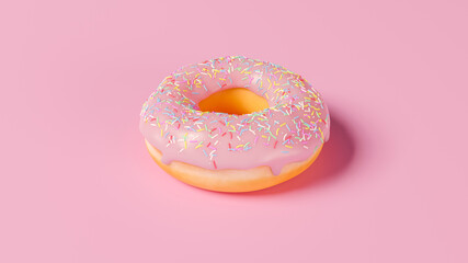 Pink Donut with colorful sprinkles in still life on pink background. Top view. 3D Illustration