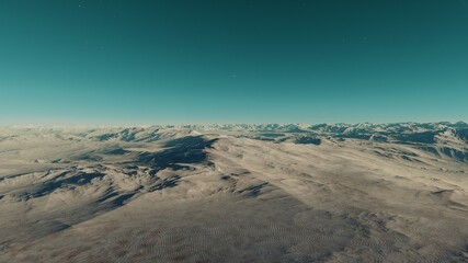 Exoplanet fantastic landscape. Beautiful views of the mountains and sky with unexplored planets. 3D render