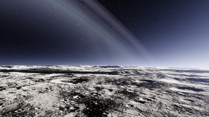 Exoplanet fantastic landscape. Beautiful views of the mountains and sky with unexplored planets. 3D render