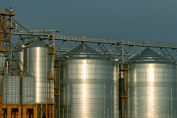 silver silos on agro manufacturing plant for processing drying cleaning and storage of agricultural products, flour, cereals and grain. Large iron barrels of grain. Granary elevator