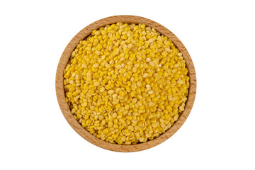 Mung dal or Mung daal bean in wooden bowl isolated on white background. nutrition. food ingredient.