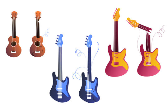 Set of illustrations of ukulele, electric guitar and bass on a white background. Broken musical instruments, broken strings. Repair and replacement of parts for stringed instruments.