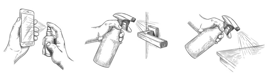 Surface cleaning sketch. Disinfect house surfaces and door handle with sanitizer sprays. Hands hold spray and clean phone screen, vector set. Sketch hygiene and prevention disinfection illustration