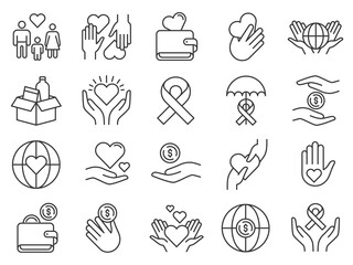 Charity and donation icon. Hands donating money and hearts. Community support icons. Family adopt, food help, aids, love and care vector set. Illustration charity donation, heart and hand support