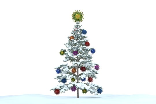 Christmas pine tree decorated with shiny covid-19 virus ornaments 3D rendered concept image