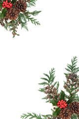 Winter berry holly, cedar cypress leaves & pine cone border on white. Natural festive background for Christmas & New Year. Flat lay, top view, copy space.