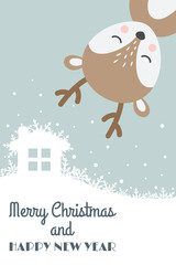 Christmas card with reindeer cartoon. Deer cute character with Merry Christmas and Happy New Year text, 10x15 ratio.