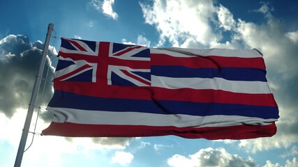 Hawaii flag on a flagpole waving in the wind in the sky. 3d rendering
