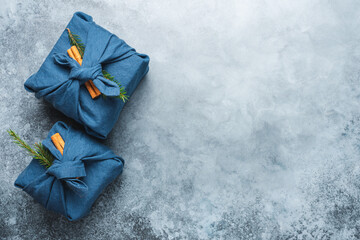 Cotton Christmas gift wrapping. Eco friendly Zero waste holiday season. Christmas and New Year...