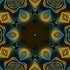 yellow and bright blue linear horizontal stripes on a jet black background transformed to abstract patterns and intricate hexagonal delicate floral fantasy designs